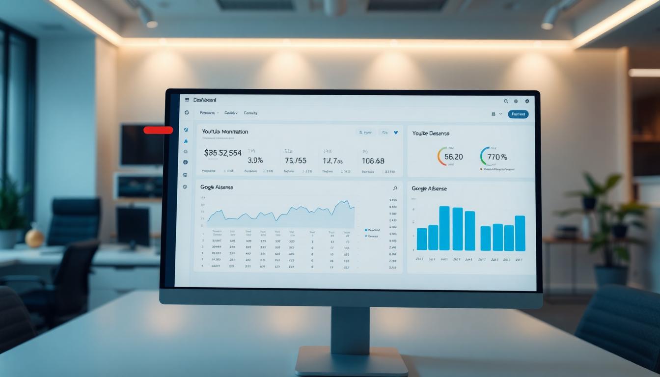 A clean, modern dashboard showing YouTube Studio Monetisation and Google AdSense dashboards on a computer screen with clear graphs, set in a calm office environment